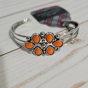 Silver Cuff Bracelet with Orange Accents